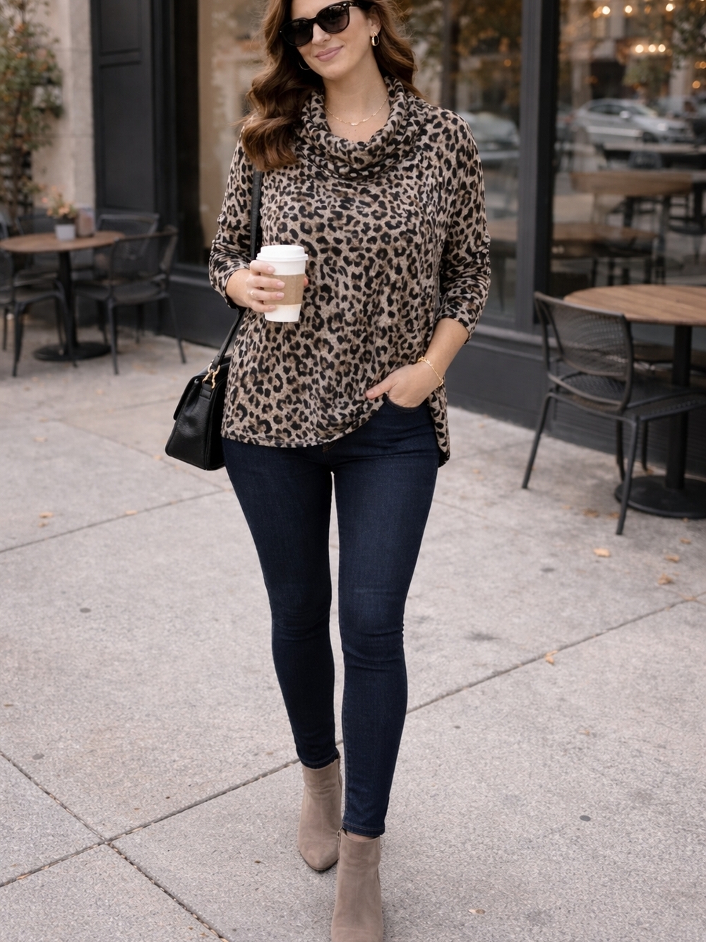 Leopard Cowl Neck Top L Soft‎ Stretch Fortune + Ivy Animal Print Blouse